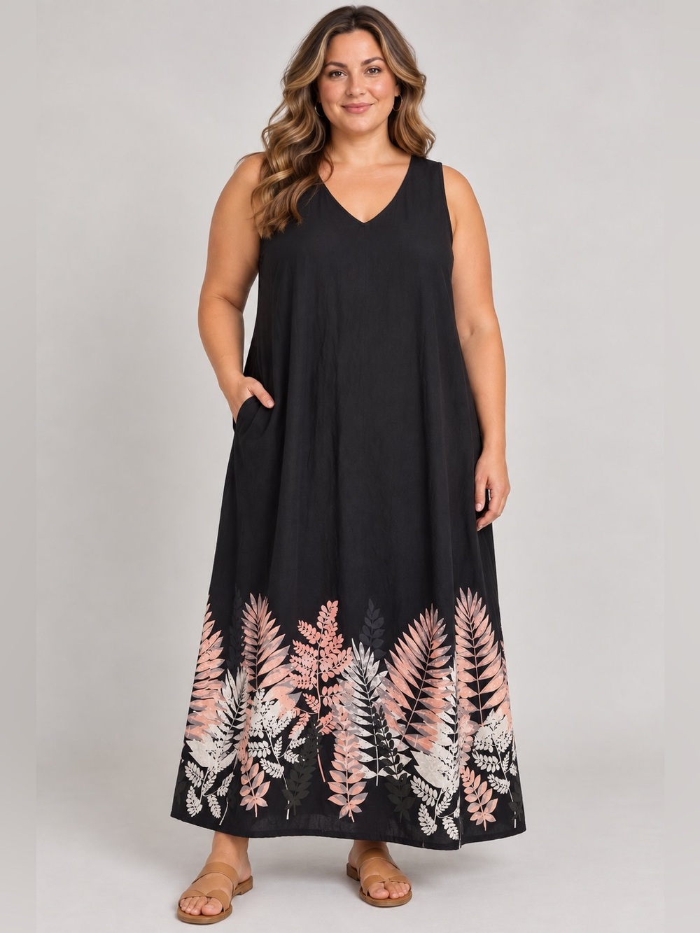 J. Jill Black Botanical Fern Embroidered Cotton Maxi Dress Plus Size 3X